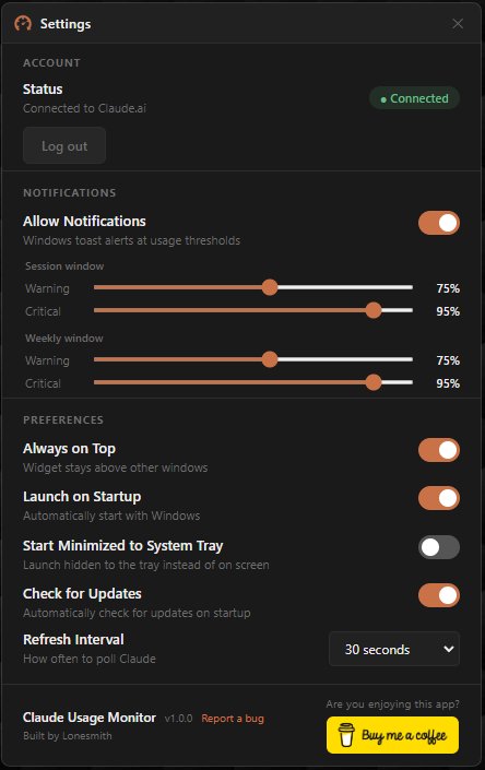Claude Usage Monitor settings with notification thresholds